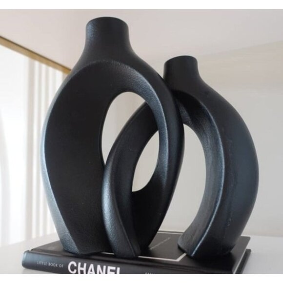 New XL Black Ceramic Vase Set of 2 for Modern Home Decor, Neutral Boho Round - Picture 2 of 2